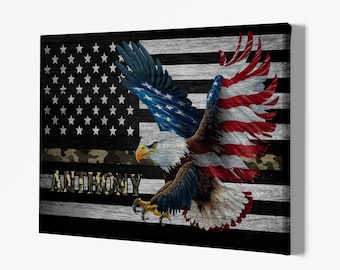 Custom Name Army Canvas, Military Soldier Veteran Thin Line, American Flag Canvas Prints, Gifts For Men, Retirement Gifts, Wall Art Decor