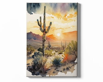 May include: A watercolor painting of a desert landscape with a tall saguaro cactus in the foreground. The sun is setting in the background, casting a warm glow over the scene.