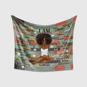 Personalized Gift, I Am Custom Namaste Blanket, Yoga Black Queen Throw Blanket, Black Women Blanket, Gift For African Women, Afro Blanket