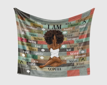 Personalized Gift, I Am Custom Namaste Blanket, Yoga Black Queen Throw Blanket, Black Women Blanket, Gift For African Women, Afro Blanket