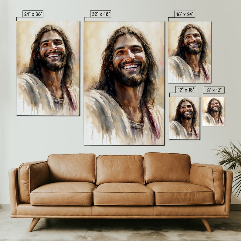 Pu&ograve; includere: Un dipinto ad acquerello di Ges&ugrave; Cristo che sorride. Il dipinto &egrave; in tonalit&agrave; di marrone, giallo e rosso. Il dipinto &egrave; disponibile in diverse dimensioni, tra cui 8x12 pollici, 12x18 pollici, 16x24 pollici, 24x36 pollici e 32x48 pollici.