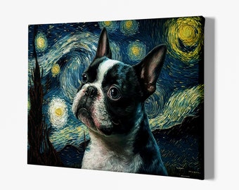 Baby Boston Terrier Canvas, Night Starry Dog Prints, Boston Dog, Wild Animal Wall Art, Pet Framed Bedroom Wall Decor, Home Decoration