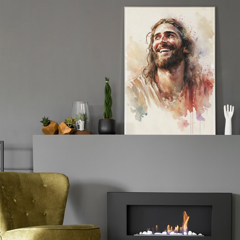 May include: A watercolor painting of a man with long brown hair and a beard smiling. The painting is on a white background with splashes of color.