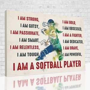 Custom Canvas, I Am A Softball Player, Softball Decor, Wall Art For Living Room, Wall Decor Living Room, Softball Gifts, Gifts For Girls