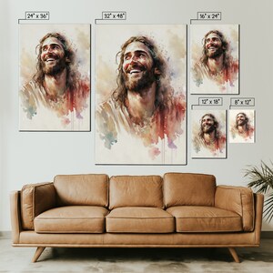 May include: A watercolor painting of a man with long hair and a beard smiling. The painting is in shades of brown, red, and blue. The man is wearing a white robe. The painting is available in various sizes, including 8x12 inches, 12x18 inches, 16x24 inches, 24x36 inches, and 32x48 inches.