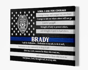 Thin Blue Line Flag Police Prayer Personalized Canvas Print, Custom Police Gift, Patriotic Gift, Gift For Police Dad, American Flag.