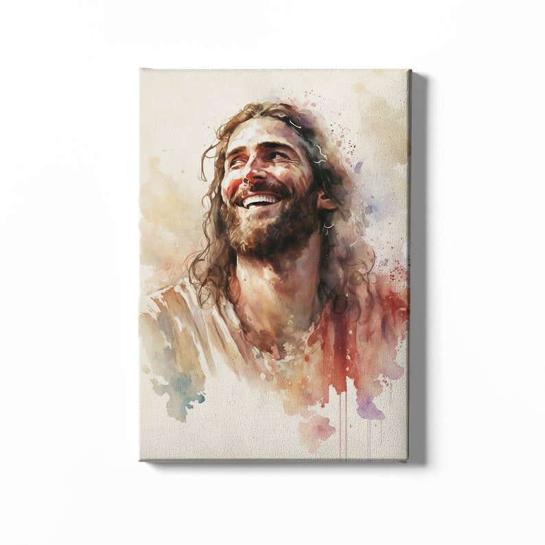May include: A watercolor painting of a man with long brown hair and a beard, smiling and looking up. The background is a soft wash of pink, orange, and blue.