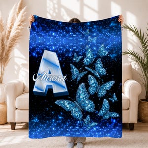 Personalized Butterfly Blanket, Custom Name and Initial Blanket, Blue Galaxy Throw for Girls, Sparkly Butterfly Bedroom Decor, Birthday Gift