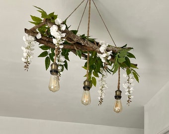 Wooden branch and white wisteria light fixture for indoor use
