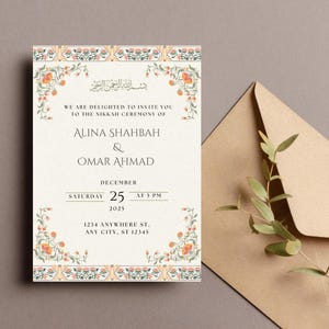 Modelo de convite de casamento islâmico para download/impressão Convite Nikkah Convite digital de casamento muçulmano Convites florais Nikkah