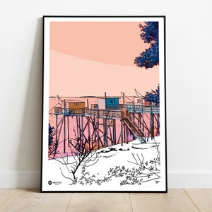 Póster de cabañas de pescadores de color rosa anaranjado.