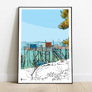 Póster de casetas de pescadores azules.