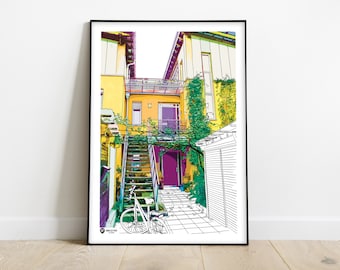 May include: A colorful illustration of a yellow building with a purple door and a set of stairs leading up to a balcony. There is a bicycle parked at the bottom of the stairs and green vines growing on the building.