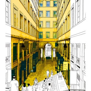 May include: A black and white illustration of a narrow street in Lyon, France. The street is lined with tall buildings with yellow walls and many windows. People are walking down the street.