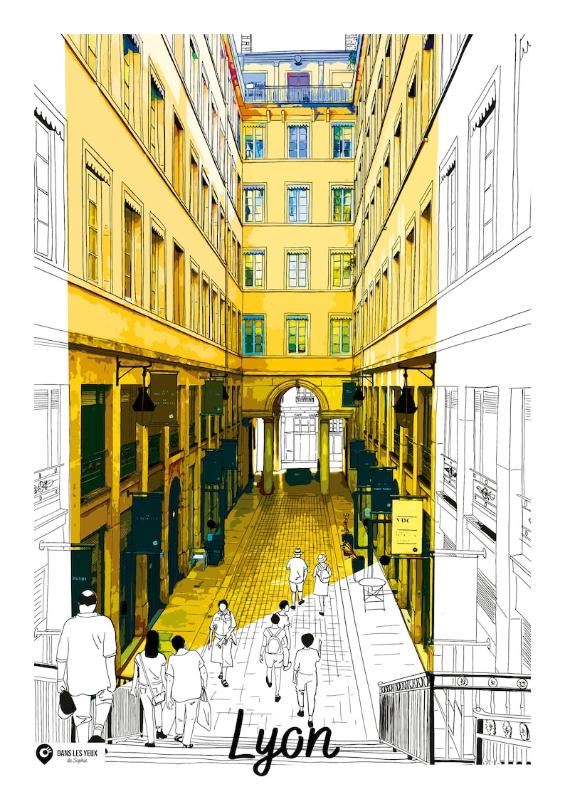 May include: A black and white illustration of a narrow street in Lyon, France. The street is lined with tall buildings with yellow walls and many windows. People are walking down the street.