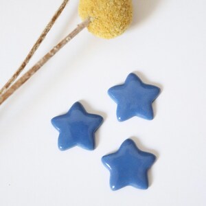 Op de afbeelding: Drie kleine, gladde, blauwe stervormige objecten met een glanzende afwerking. De sterren hebben vijf afgeronde punten en een uniforme, effen blauwe kleur. Twee gedroogde, ronde, geelbruine botanische zaadhoofdjes op dunne stelen liggen erboven.