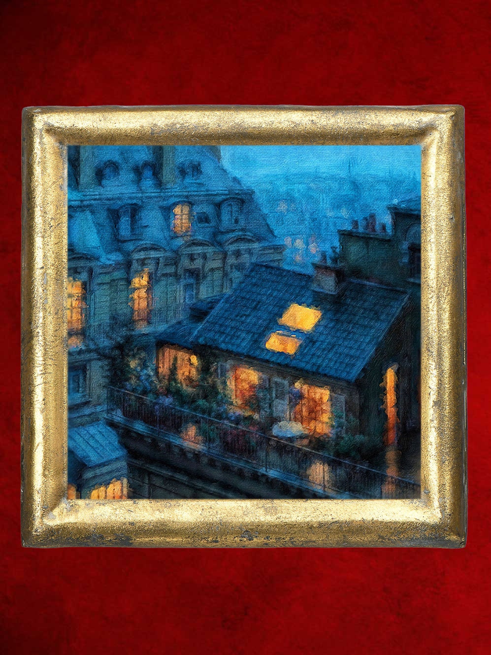 Impression sur Toile de Peinture à L'huile Originale Paysage Paris Rooftops Tour Eiffel La Nuit