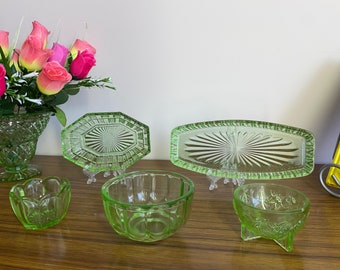 Various Vintage Green Depression Glass Pieces Vases Plates Bowls