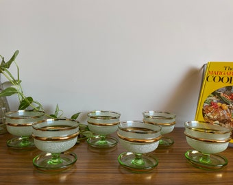 Vintage Green Glass Dessert Bowl Set with Gold Rims