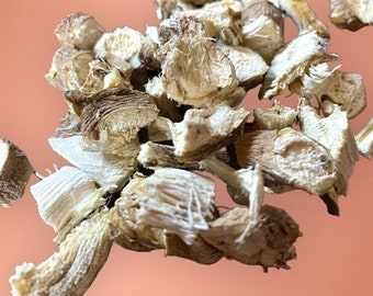 May include: A collection of dried mushroom pieces in shades of beige and brown. The pieces have a fibrous texture and irregular shapes, with some showing stem and cap sections. The background is a peach colour.