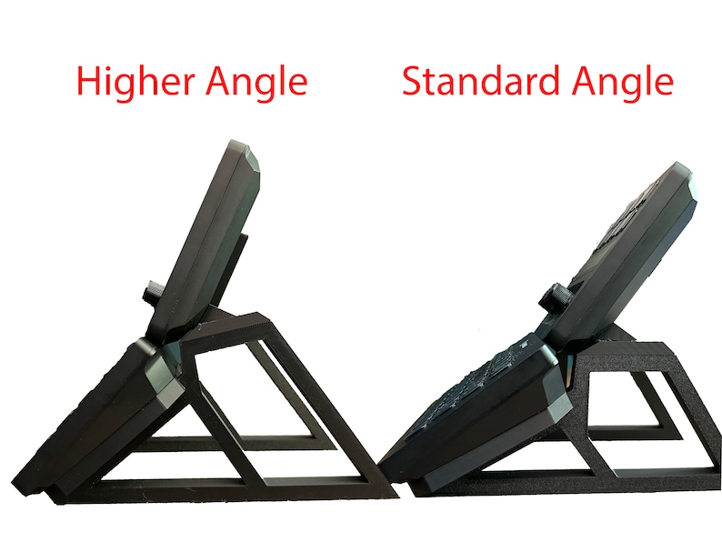 May include: Two black laptop stands with different angles. The stand on the left is at a higher angle than the stand on the right. The text "Higher Angle" is above the left stand and the text "Standard Angle" is above the right stand.