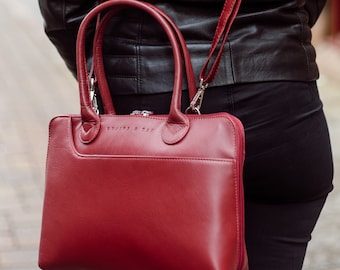 Grains & Tan Leather Classic Grab Bag, Top Handle Bag with Long Adjustable Shoulder Strap
