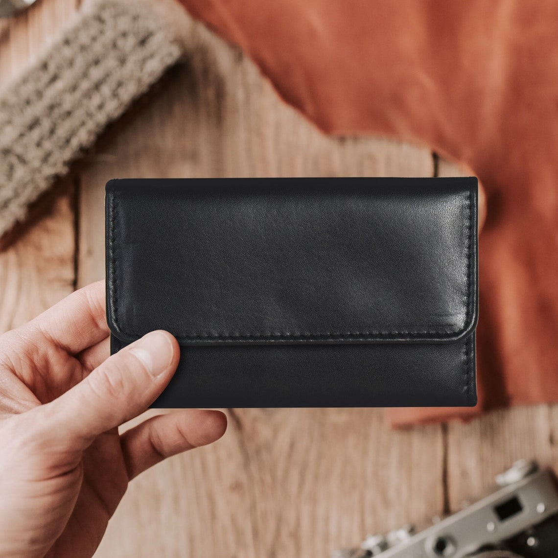 新品　argue KEY CASE POACH WALLET G&T Full-grain Leather Tri-fold Key Holder, Key Cover