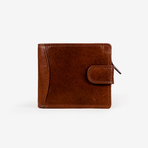 Cartera para hombre de piel plena flor color canela con cierre de solapa y compartimento externo para cambio (protección RFID)