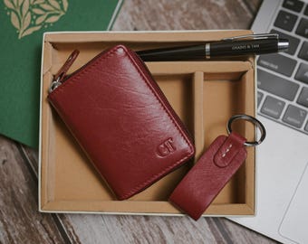 Leather Gift Set: Full-Grain Card Holder, Keyring & Pen