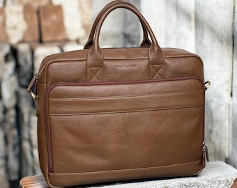 Ashford Full Grain Leather Laptop Messenger Bag – British Design Briefcase (Fits 14” Laptop)
