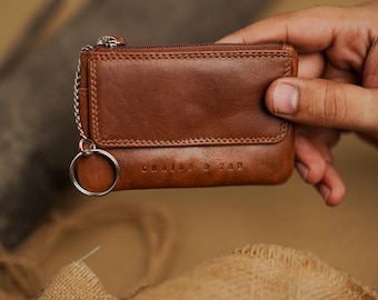 Full-Grain Leather Coin Purse with Keyring: Grains & Tan Cowhide