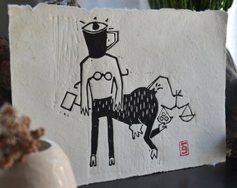 May include: Black and white linocut print of two figures. The figure on the left has a cup for a head with an eye and a handle. The figure on the right has a scale and a bird-like head. The print is signed in the bottom right corner.