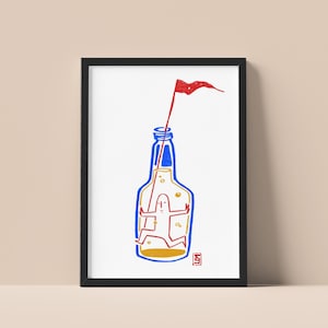 Minimalistisk flaskkonst, abstrakt objektteckning, modern väggkonsttryck, digital nedladdning