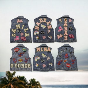 Kids Denim Vest, Jackets, Custom Girls/Boys Chenille Name Embroidery Patches Denim Vest