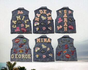 Kids Denim Vest, Jackets, Custom Girls/Boys Chenille Name Embroidery Patches Denim Vest