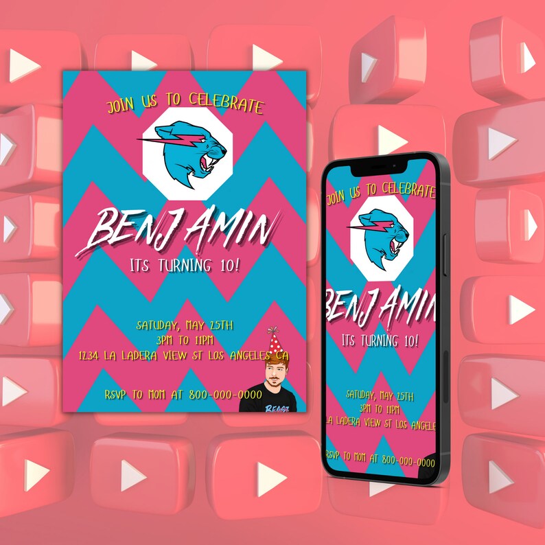Mrbeast Birthday Invitation Electronic Invite Editable | Etsy