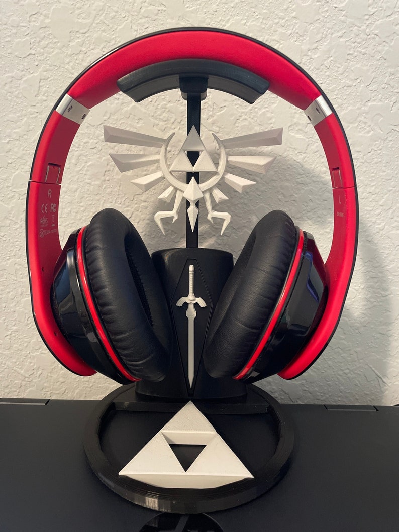 Hyrule Themed Headphone Stand with Crest of Hyrule, Master Sword, and Triforce Design image 1