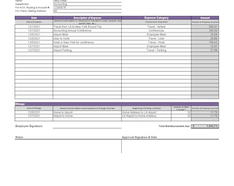 May include: A black and white expense report form with the title "Employee Expense Statement". The form includes sections for employee information, expense details, mileage, and total reimbursement due. The form is dated 1/1/2022 and the total reimbursement due is $1,645.73.
