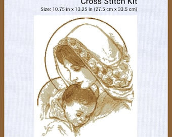 Counted Cross Stitch Kit - Madonna with Child - DMC Floss - Aida 16 ct, 4 Colors