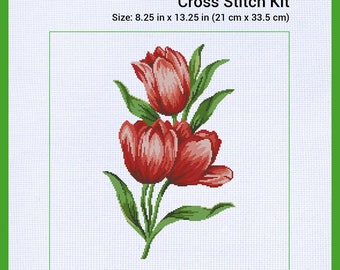 Red Tulips, Counted Cross Stitch Embroidery Kit, Aida 14 ct, DMC Floss 12 Colors