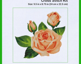 Counted Cross Stitch Embroidery Kit - Roses - Aida 16 ct - DMC Floss - 20 Colors