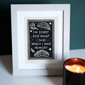Hangry Original Hand-carved and Printed Linocut by Dee Stoppa | Kitchen Restaurant Coffee Shop Art Wall Decor