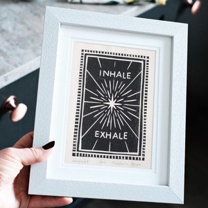 Inhale Exhale Linocut Print: Hand-Carved Meditation Art on Lokta Paper