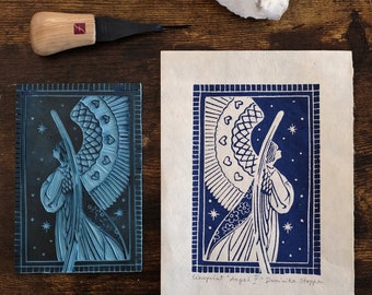 Angel II Handmade A5 Linocut Print by Dominika Stoppa | Angel Gifts | Handprinted on Nepalese Lokta Paper