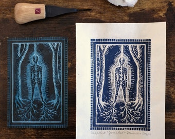 Grounded | Chakras/ Energy Field/ Aura Handmade A5 Linocut Print by Dominika Stoppa | Holistic + Spiritual Gifts