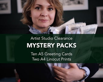 Artist Studio Clearance Mystery Box 12 piezas - Paquete de tarjetas de felicitación de papelería sorpresa e impresiones de linograbado - Lucky Dip