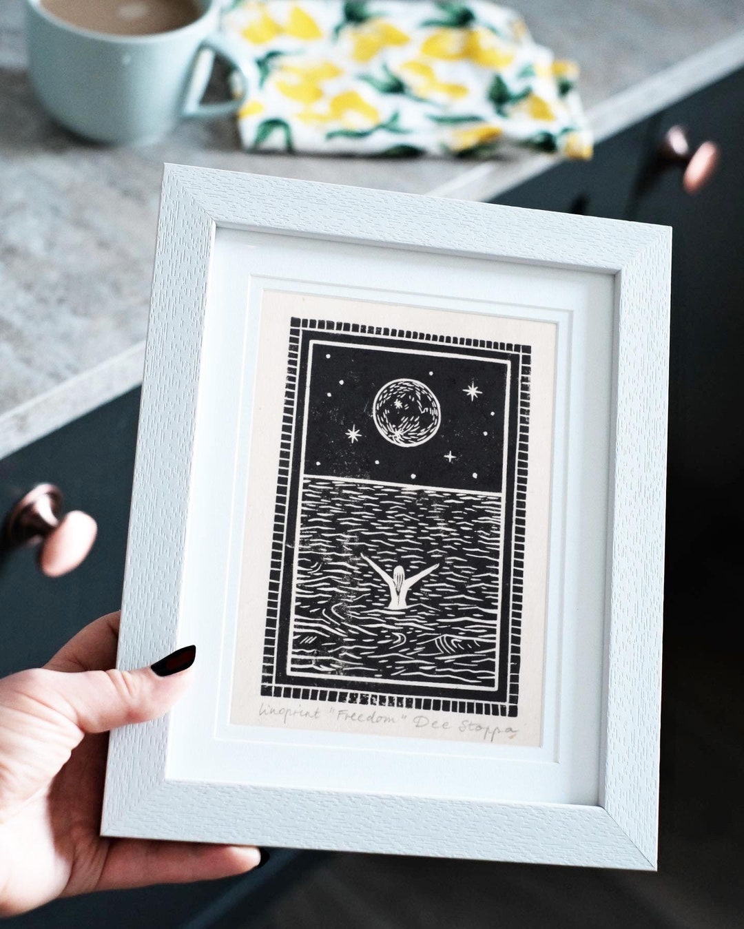 Full Moon Swim Linocut Print | A5 Handmade Art on Lokta Paper - Etsy