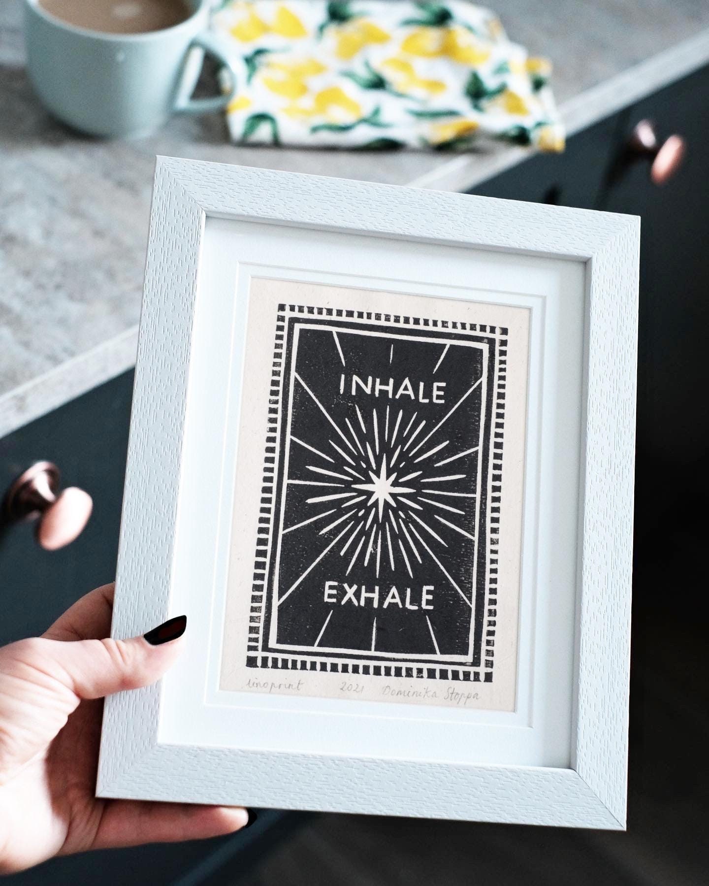 Inhale Exhale Hand-carved and Printed Linocut by Dee Stoppa | Mindfulness Meditation Yoga Gifts | Handprinted on Lokta Paper | Breathwork