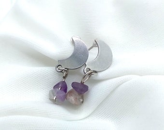 Crescent Moon Dangle Earrings * Gold Amethyst Stud Celestial Earrings* Silver Amethyst Hypoallergenic Earrings* Moon Phases Metal Earrings