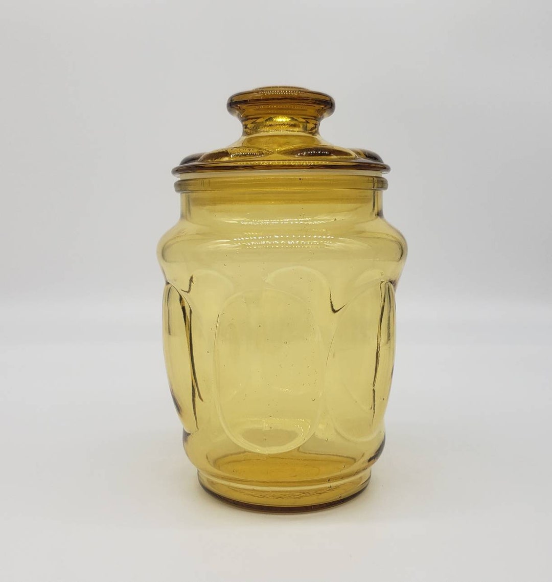 Vintage Amber Glass Thumbprint Cookie Jar Mid Century Decor Storage ...